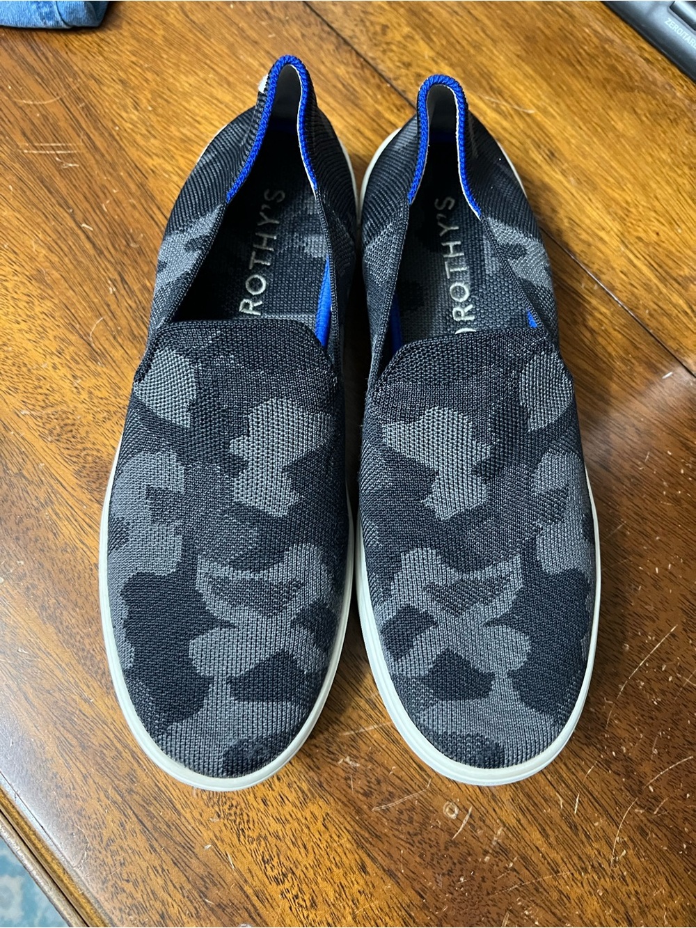 Rothy's women's  Slip-On Knit Loafers in Black Camo with Blue Trim - Picture 3 of 4